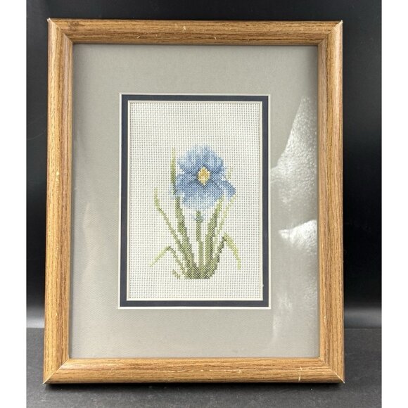 Vintage Cross Stitch Matted And Framed Blue Iris Flower - Picture 1 of 4